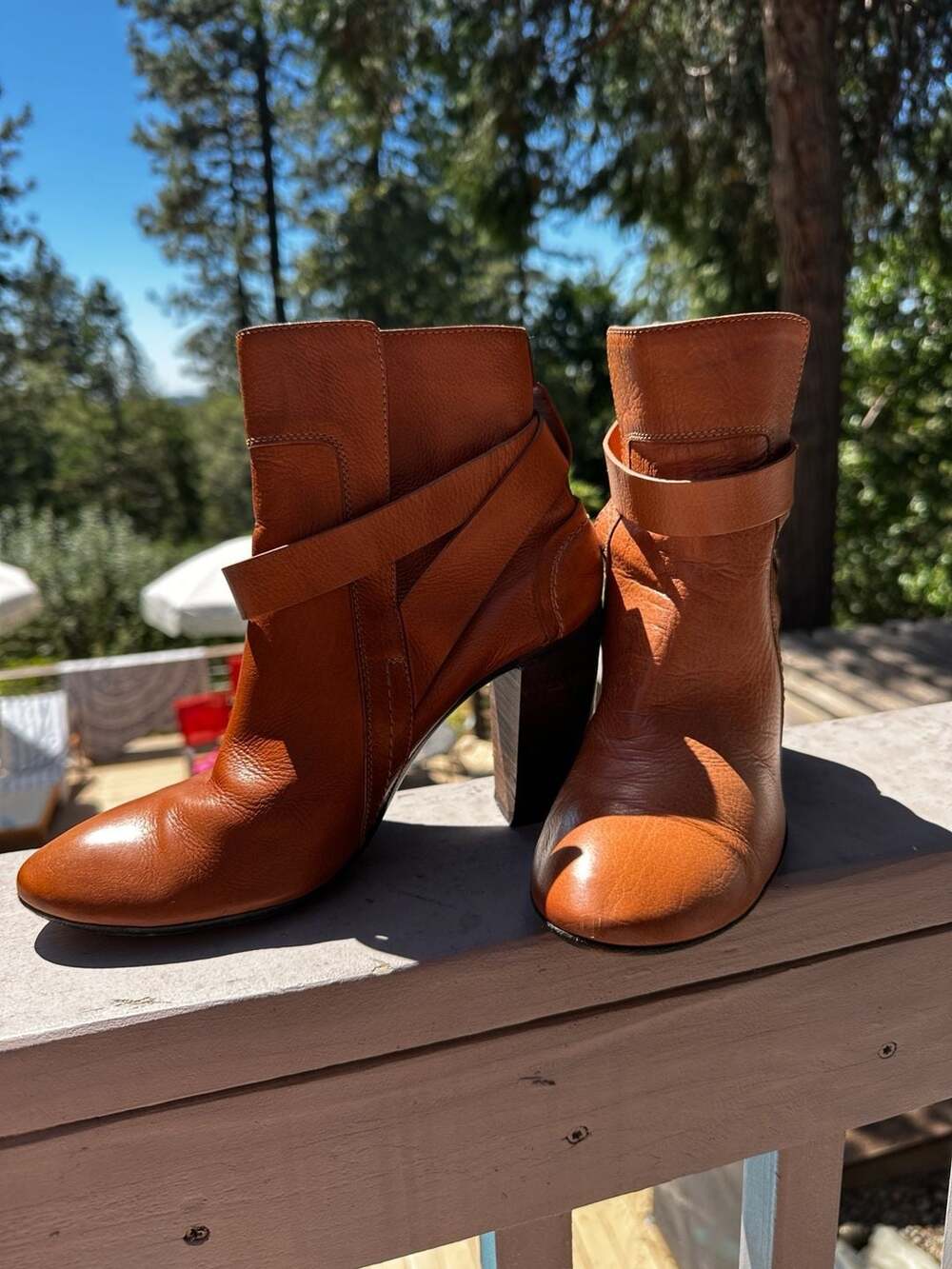 CoSTUME NATIONAL Cognac Leather Wraparound Strap Block-Heel Ankle Boots